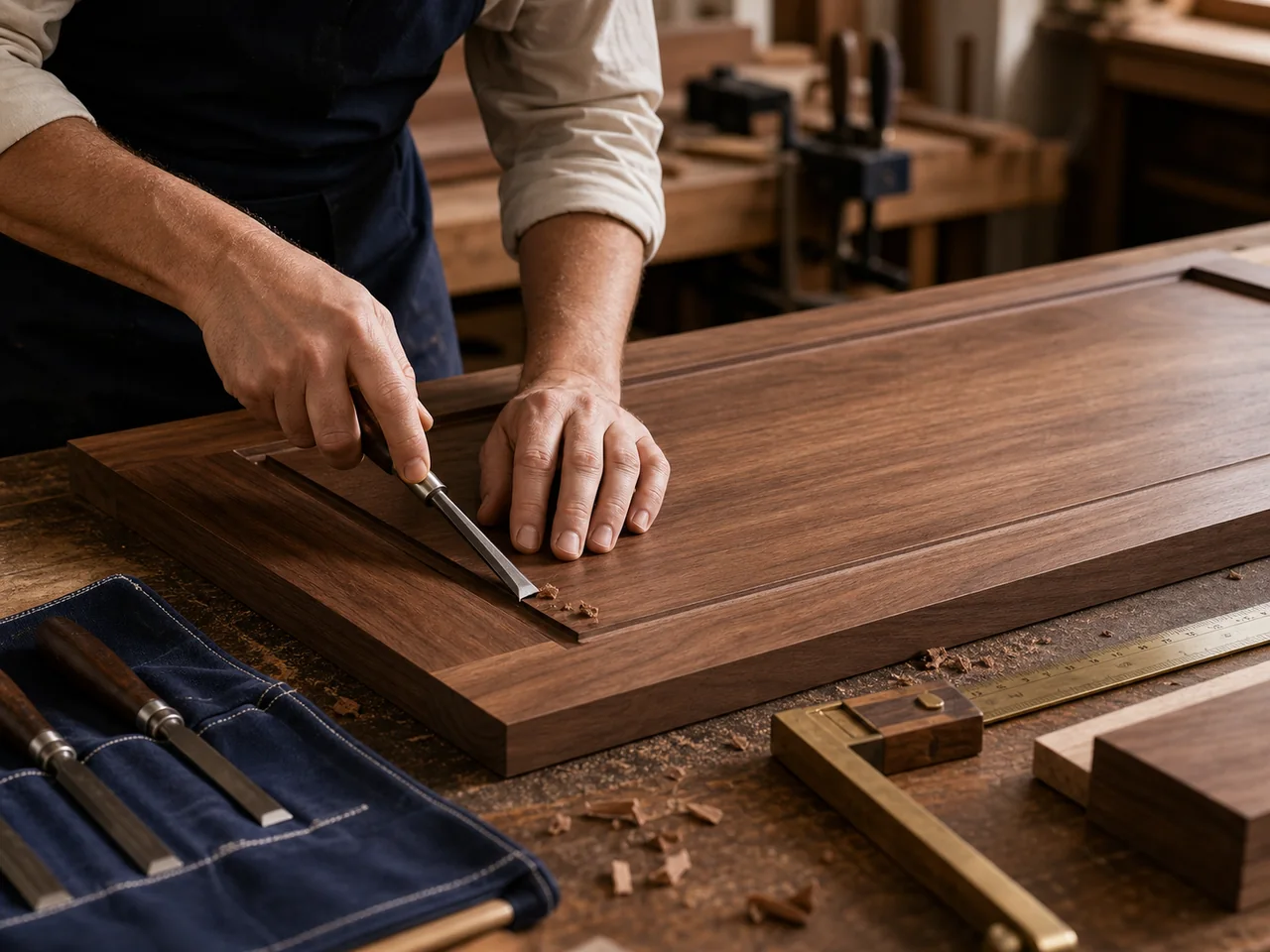 Artisan travaillant un panneau de bois dans un atelier de menuiserie