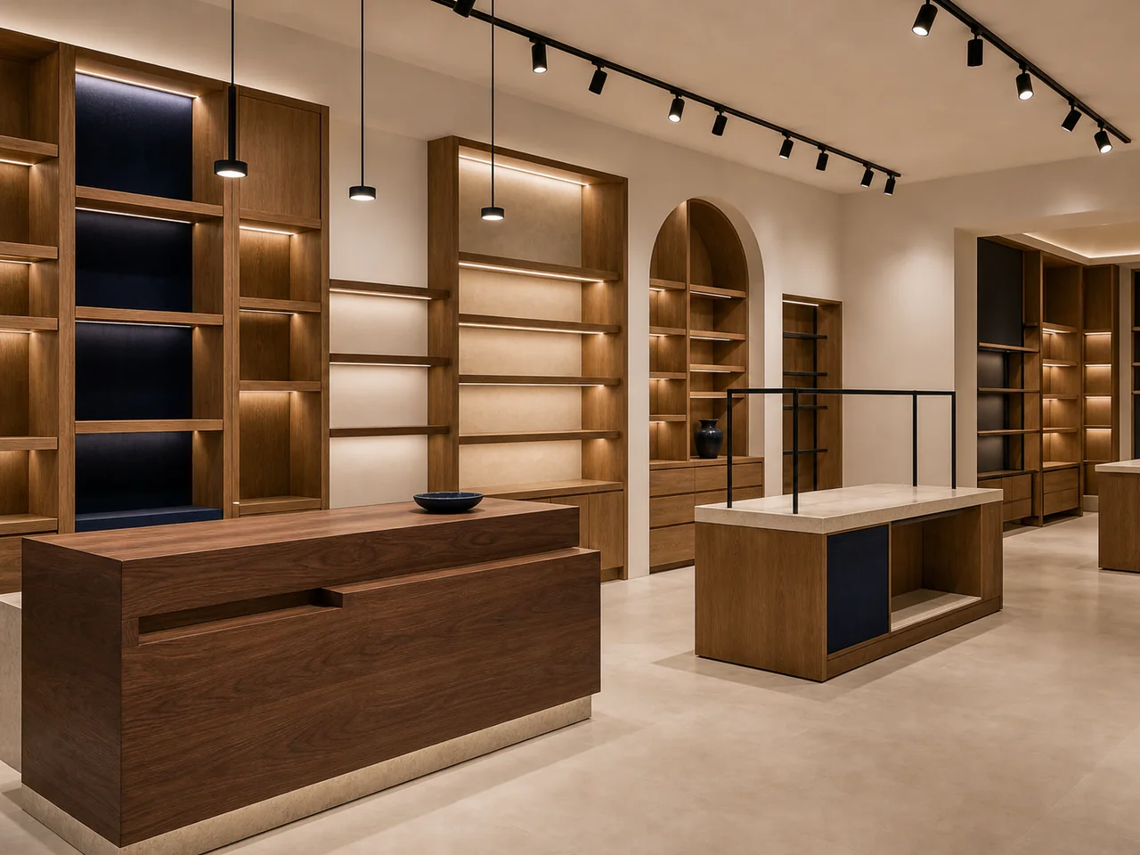 Agencement de boutique avec comptoir et présentoirs en bois