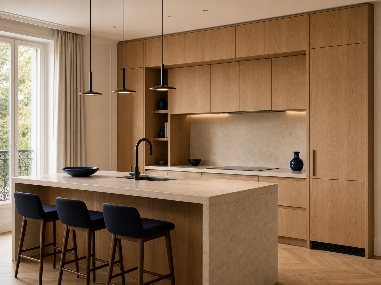 Cuisine sur mesure avec façades en bois et îlot central
