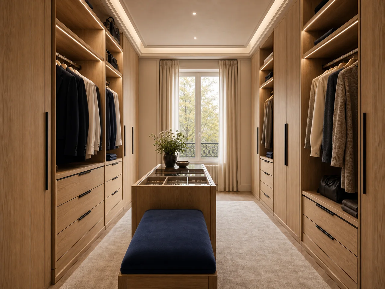 Dressing sur mesure en bois clair avec éclairage intégré