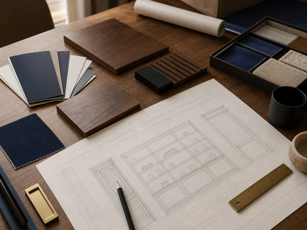 Plans, échantillons de bois et outils de mesure pour une conception sur mesure