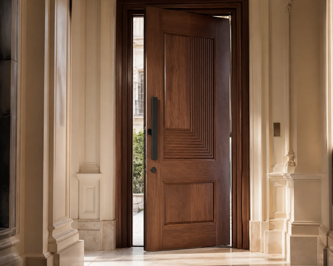 Porte d'entrée en bois haut de gamme dans un hall lumineux