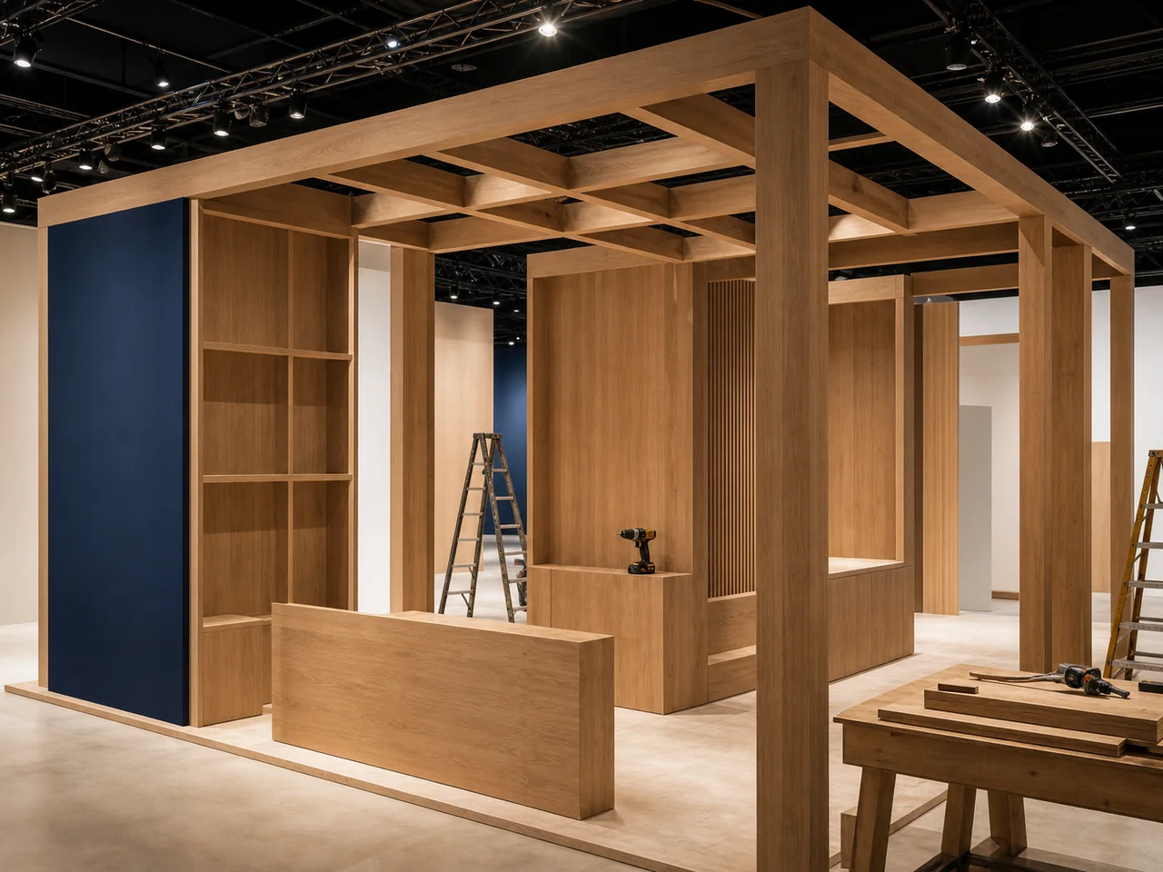 Stand événementiel en bois en cours d'agencement